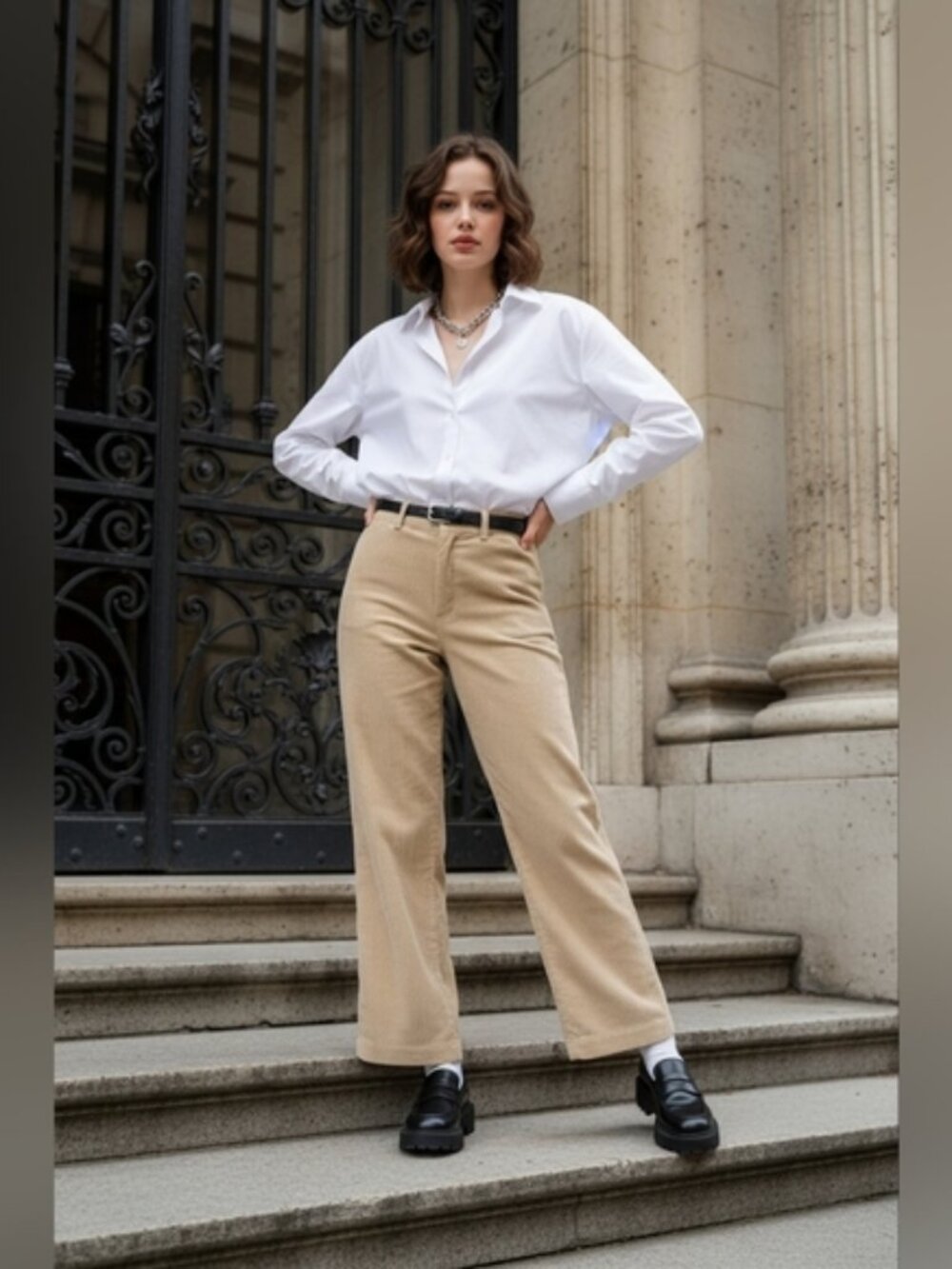 For The Republic SZ S Beige Wide Leg Corduroy Flat Front Casual Stove Pipe Pants